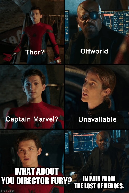 Thor Unavailable Captain Marvel Off World | IN PAIN FROM THE LOST OF HEROES. WHAT ABOUT YOU DIRECTOR FURY? | image tagged in thor unavailable captain marvel off world | made w/ Imgflip meme maker
