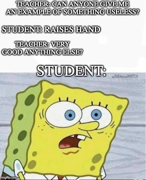 The problem with teachers | TEACHER: CAN ANYONE GIVE ME AN EXAMPLE OF SOMETHING USELESS? STUDENT: RAISES HAND; TEACHER: VERY GOOD ANYTHING ELSE? STUDENT: | image tagged in funny | made w/ Imgflip meme maker