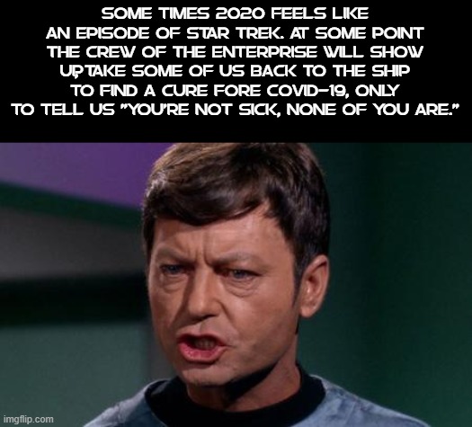 Dammit Jim | SOME TIMES 2020 FEELS LIKE AN EPISODE OF STAR TREK. AT SOME POINT THE CREW OF THE ENTERPRISE WILL SHOW UP, TAKE SOME OF US BACK TO THE SHIP TO FIND A CURE FORE COVID-19, ONLY TO TELL US "YOU'RE NOT SICK, NONE OF YOU ARE." | image tagged in dammit jim | made w/ Imgflip meme maker