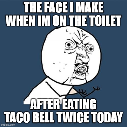 Taco bell toilet | THE FACE I MAKE WHEN IM ON THE TOILET; AFTER EATING TACO BELL TWICE TODAY | image tagged in memes,y u no | made w/ Imgflip meme maker