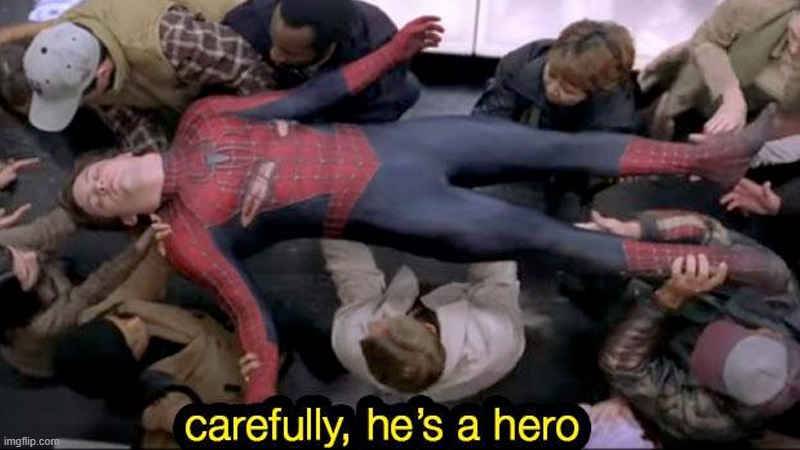 Carefully, he's a hero | image tagged in carefully he's a hero | made w/ Imgflip meme maker