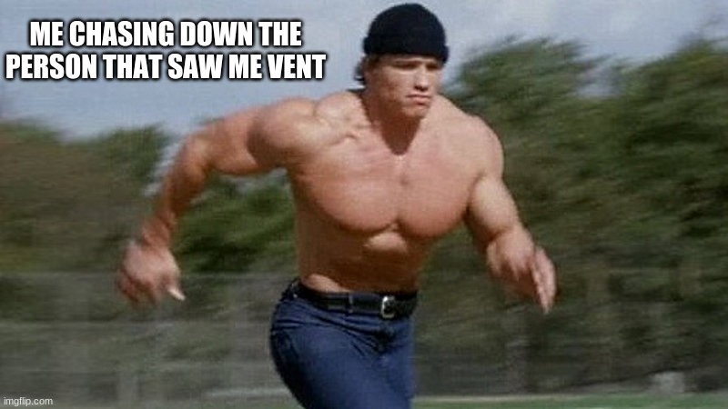 among us memes | ME CHASING DOWN THE PERSON THAT SAW ME VENT | image tagged in running arnold | made w/ Imgflip meme maker