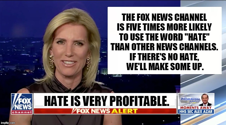 Hating for Dollars. | THE FOX NEWS CHANNEL 
IS FIVE TIMES MORE LIKELY 
TO USE THE WORD "HATE" 
THAN OTHER NEWS CHANNELS. 
IF THERE'S NO HATE, 
WE'LL MAKE SOME UP. HATE IS VERY PROFITABLE. | image tagged in laura ingraham is a blank,fox news,hate,haters,party of hate | made w/ Imgflip meme maker