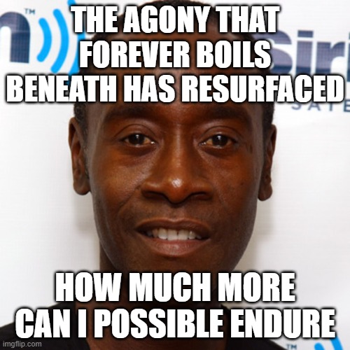 agony | THE AGONY THAT FOREVER BOILS BENEATH HAS RESURFACED; HOW MUCH MORE CAN I POSSIBLE ENDURE | image tagged in don cheadle,pain,agony | made w/ Imgflip meme maker