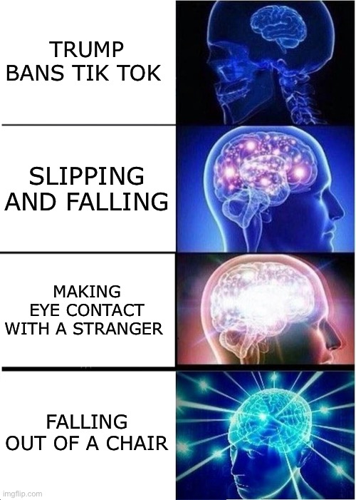 Lol | TRUMP BANS TIK TOK; SLIPPING AND FALLING; MAKING EYE CONTACT WITH A STRANGER; FALLING OUT OF A CHAIR | image tagged in memes,expanding brain | made w/ Imgflip meme maker