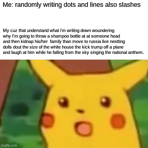 Pt.1 | Me: randomly writing dots and lines also slashes; My cuz that understand what i'm writing down woundering why I'm going to throw a shampoo bottle at at someone head and then kidnap his/her  family than move to russia live nestting dolls dout the size of the white house the kick trump off a plane and laugh at him while he falling from the sky singing the national anthem. | image tagged in memes,surprised pikachu | made w/ Imgflip meme maker