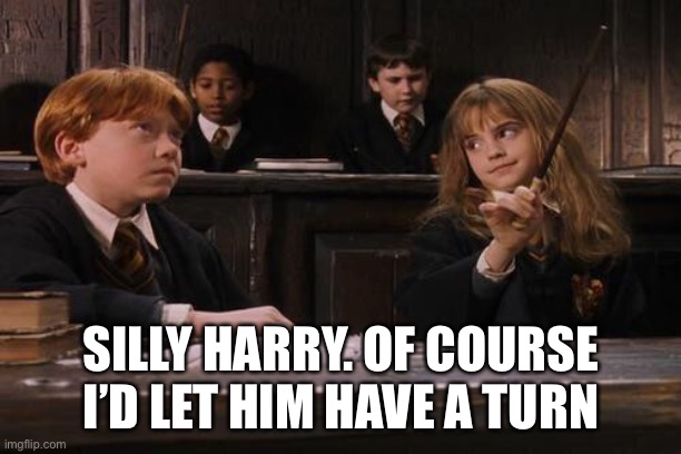 Hermione | SILLY HARRY. OF COURSE I’D LET HIM HAVE A TURN | image tagged in hermione | made w/ Imgflip meme maker