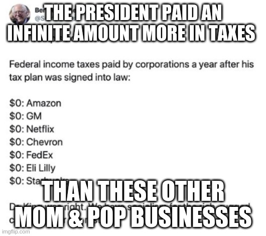 Trump Tax Returns | THE PRESIDENT PAID AN INFINITE AMOUNT MORE IN TAXES; THAN THESE OTHER MOM & POP BUSINESSES | image tagged in donald trump,taxes | made w/ Imgflip meme maker