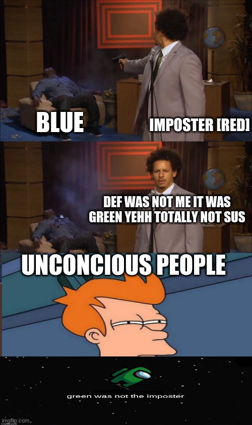 LITERALLY | IMPOSTER [RED]; BLUE; DEF WAS NOT ME IT WAS GREEN YEHH TOTALLY NOT SUS; UNCONCIOUS PEOPLE | image tagged in memes,who killed hannibal,funny | made w/ Imgflip meme maker