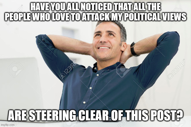 HAVE YOU ALL NOTICED THAT ALL THE PEOPLE WHO LOVE TO ATTACK MY POLITICAL VIEWS ARE STEERING CLEAR OF THIS POST? | made w/ Imgflip meme maker