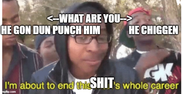 i'm gonna end this man's whole career | <--WHAT ARE YOU-->
HE GON DUN PUNCH HIM               HE CHIGGEN; SHIT | image tagged in i'm gonna end this man's whole career,curse | made w/ Imgflip meme maker