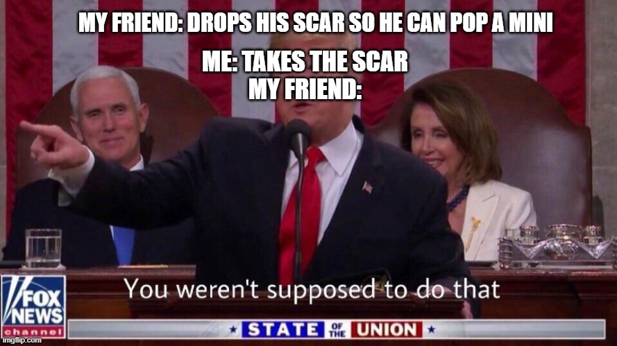 we've all done it before | MY FRIEND: DROPS HIS SCAR SO HE CAN POP A MINI; ME: TAKES THE SCAR
MY FRIEND: | image tagged in you werent supposed to do that | made w/ Imgflip meme maker