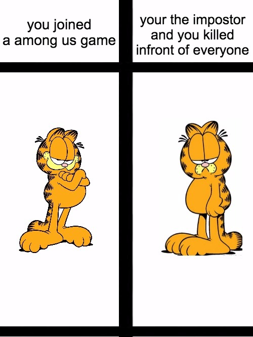 garfield meme | your the impostor and you killed infront of everyone; you joined a among us game | image tagged in garfield meme | made w/ Imgflip meme maker