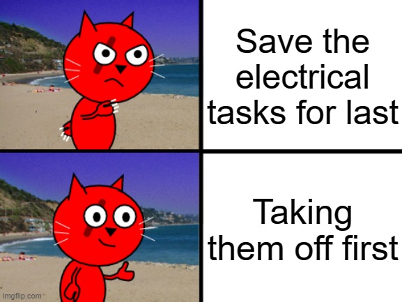 Scar's opinions | Save the electrical tasks for last Taking them off first | image tagged in scar's opinions | made w/ Imgflip meme maker