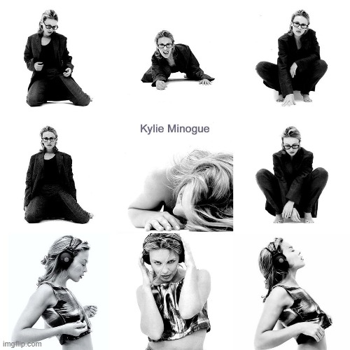 B&W collage from self-titled album, mid-90s | image tagged in kylie minogue,pop music,black and white,photography,cool,1990s | made w/ Imgflip meme maker