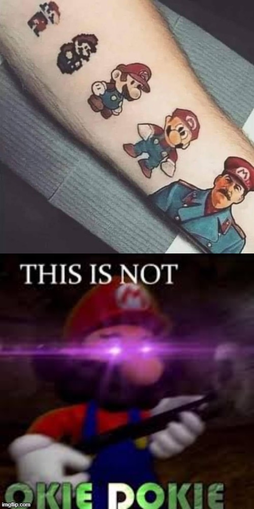 [kamikaze. makes meme attacking a fellow-traveler Leftist commie; Sept. 2020, colorized] | image tagged in bad tattoos,stalin,mario,nope,delete this,joseph stalin | made w/ Imgflip meme maker