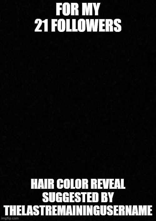 it is black. | FOR MY 21 FOLLOWERS; HAIR COLOR REVEAL SUGGESTED BY THELASTREMAININGUSERNAME | image tagged in blank,hair,i killed a man and you,maybe i am a monster,see nobody cares | made w/ Imgflip meme maker