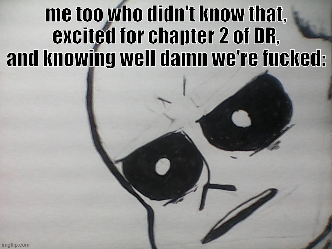 Unsettled sans | me too who didn't know that, excited for chapter 2 of DR, and knowing well damn we're fucked: | image tagged in unsettled sans | made w/ Imgflip meme maker