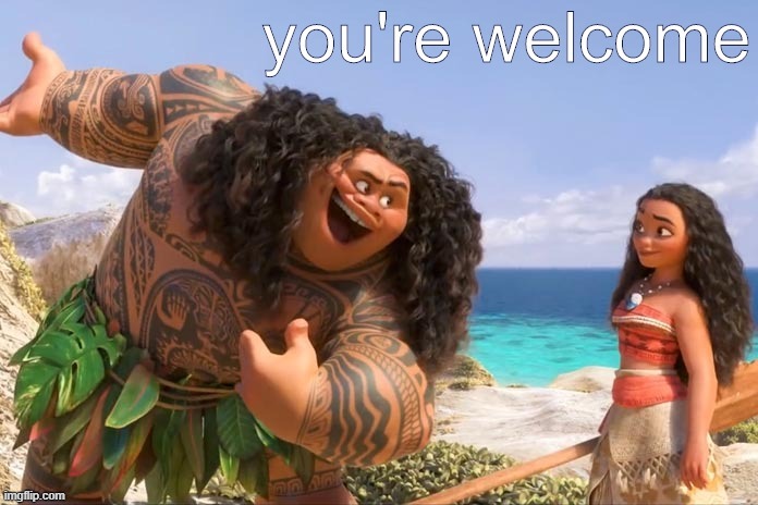 maui you're welcome | image tagged in maui you're welcome | made w/ Imgflip meme maker