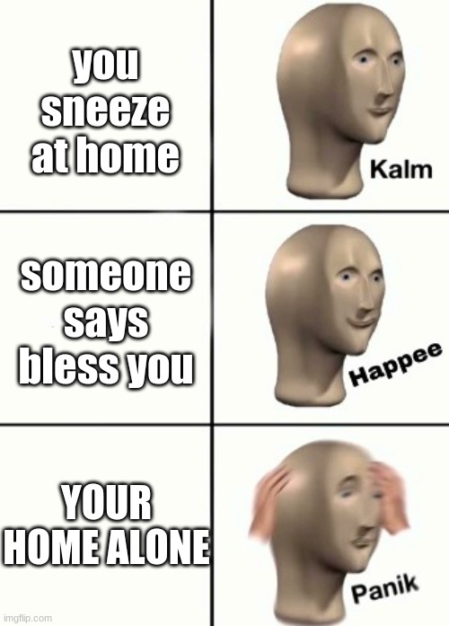 Kalm Hapee Panik | you sneeze at home; someone says bless you; YOUR HOME ALONE | image tagged in kalm hapee panik | made w/ Imgflip meme maker