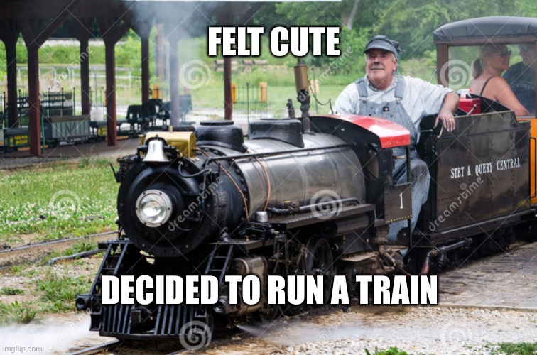 Run a train | FELT CUTE; DECIDED TO RUN A TRAIN | image tagged in felt cute,run a train | made w/ Imgflip meme maker