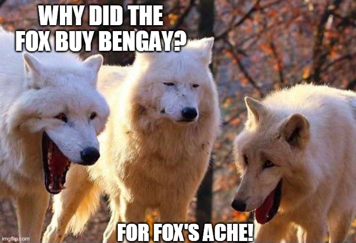 Laughing wolf | WHY DID THE FOX BUY BENGAY? FOR FOX'S ACHE! | image tagged in laughing wolf | made w/ Imgflip meme maker