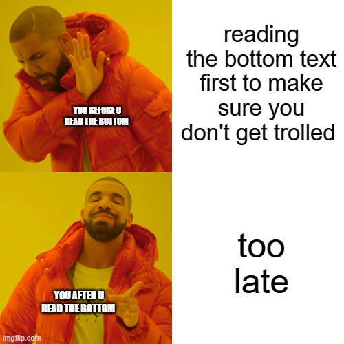 well at least now you know | reading the bottom text first to make sure you don't get trolled; YOU BEFORE U READ THE BOTTOM; too late; YOU AFTER U READ THE BOTTOM | image tagged in memes,drake hotline bling,troll,rickroll | made w/ Imgflip meme maker