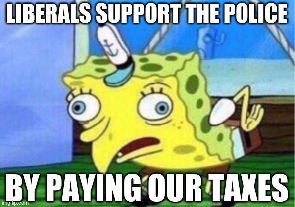 Mocking Spongebob Meme | LIBERALS SUPPORT THE POLICE BY PAYING OUR TAXES | image tagged in memes,mocking spongebob | made w/ Imgflip meme maker