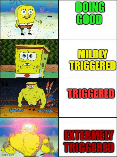 how bear players are doing | DOING GOOD; MILDLY TRIGGERED; TRIGGERED; EXTERMELY TRIGGERED | image tagged in sponge finna commit muder | made w/ Imgflip meme maker
