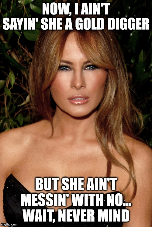 melania trump | NOW, I AIN'T SAYIN' SHE A GOLD DIGGER; BUT SHE AIN'T MESSIN' WITH NO...
WAIT, NEVER MIND | image tagged in melania trump | made w/ Imgflip meme maker