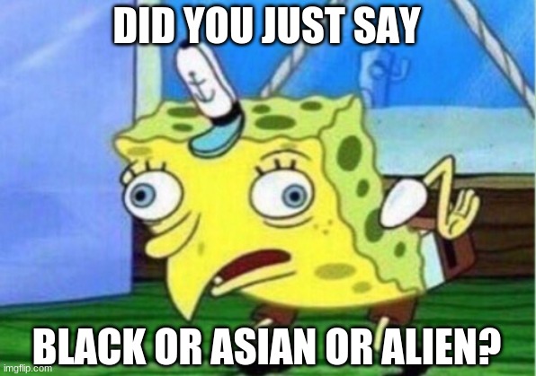 Mocking Spongebob Meme | DID YOU JUST SAY BLACK OR ASIAN OR ALIEN? | image tagged in memes,mocking spongebob | made w/ Imgflip meme maker