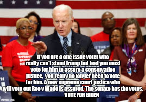 Supreme  Court Justice | If you are a one issue voter who really can't stand trump but feel you must vote for him to assure a conservative justice,  you really no longer need to vote for him. A new supreme court justice who will vote out Roe v Wade is assured. The senate has the votes.
                  VOTE FOR BIDEN | image tagged in trump supporters | made w/ Imgflip meme maker