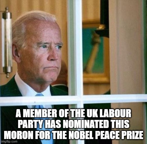 Sad Joe Biden | A MEMBER OF THE UK LABOUR PARTY HAS NOMINATED THIS MORON FOR THE NOBEL PEACE PRIZE | image tagged in sad joe biden | made w/ Imgflip meme maker
