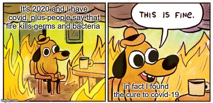 The cure to covid-19 | It's 2020 and I have covid, plus people say that fire kills germs and bacteria; in fact I found the cure to covid-19 | image tagged in memes,this is fine,covid-19,coronavirus,the cure,cure | made w/ Imgflip meme maker