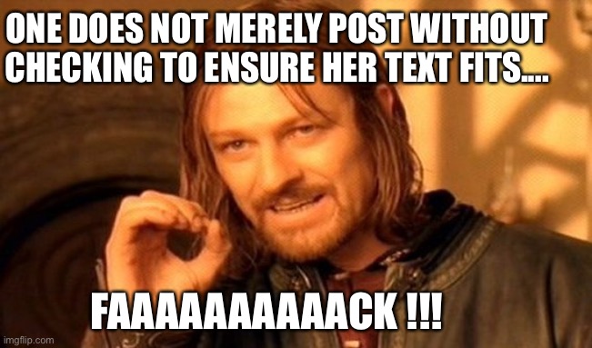 One Does Not Simply Meme | ONE DOES NOT MERELY POST WITHOUT CHECKING TO ENSURE HER TEXT FITS.... FAAAAAAAAAACK !!! | image tagged in memes,one does not simply | made w/ Imgflip meme maker