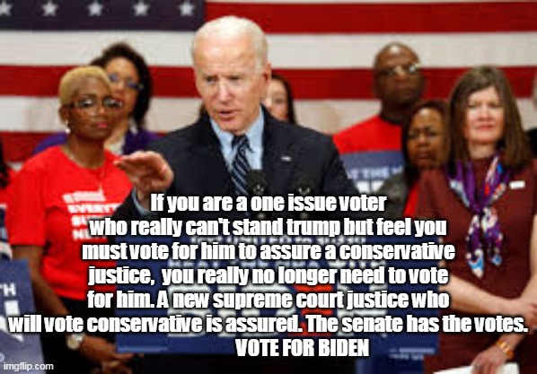 supreme court | If you are a one issue voter who really can't stand trump but feel you must vote for him to assure a conservative justice,  you really no longer need to vote for him. A new supreme court justice who will vote conservative is assured. The senate has the votes.
                  VOTE FOR BIDEN | image tagged in joe biden | made w/ Imgflip meme maker