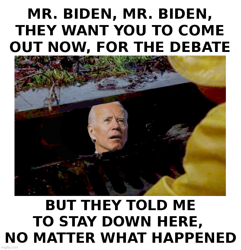 Mr. Biden, Mr. Biden, They Want You To Come Out Now | image tagged in joe biden,pennywise in sewer,donald trump,presidential debate | made w/ Imgflip meme maker