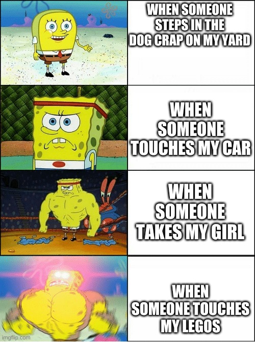 Spongebob | WHEN SOMEONE STEPS IN THE DOG CRAP ON MY YARD; WHEN SOMEONE TOUCHES MY CAR; WHEN SOMEONE TAKES MY GIRL; WHEN SOMEONE TOUCHES MY LEGOS | image tagged in sponge finna commit muder | made w/ Imgflip meme maker