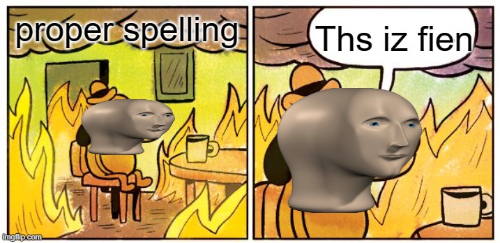 This Is Fine Meme | proper spelling; Ths iz fien | image tagged in memes,this is fine,meme man | made w/ Imgflip meme maker