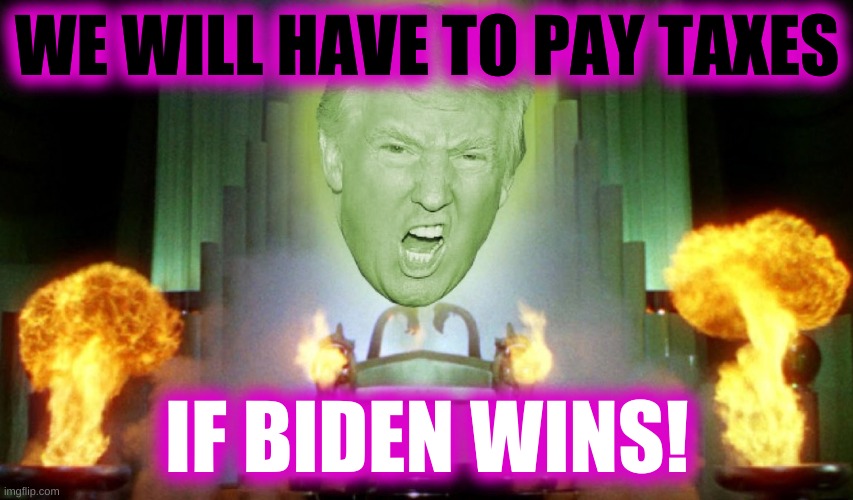 wizard of taxes | WE WILL HAVE TO PAY TAXES; IF BIDEN WINS! | image tagged in pay no attention to that man behind the curtain,wizard of oz,trump taxes,biden taxes,obama socialism | made w/ Imgflip meme maker