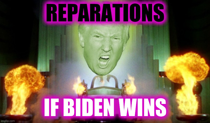 reparations will doom america | REPARATIONS; IF BIDEN WINS | image tagged in pay no attention to that man behind the curtain,reparations,taxes,trump,biden | made w/ Imgflip meme maker