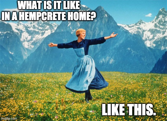 Hills are alive with hempcrete | WHAT IS IT LIKE IN A HEMPCRETE HOME? LIKE THIS. | image tagged in hills are alive with hempcrete | made w/ Imgflip meme maker