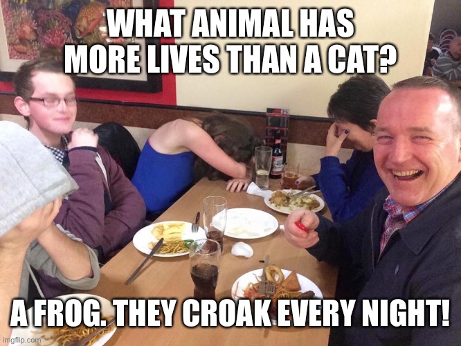 dad joke | WHAT ANIMAL HAS MORE LIVES THAN A CAT? A FROG. THEY CROAK EVERY NIGHT! | image tagged in dad joke | made w/ Imgflip meme maker