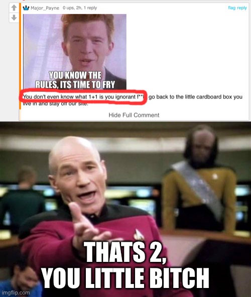 THATS 2, YOU LITTLE BITCH | image tagged in memes,picard wtf | made w/ Imgflip meme maker