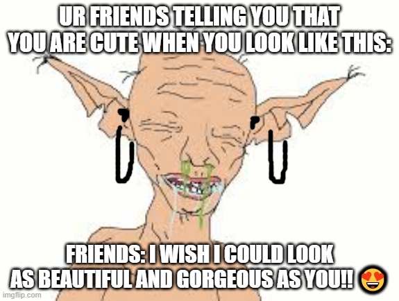 Friends be lyin to people | UR FRIENDS TELLING YOU THAT YOU ARE CUTE WHEN YOU LOOK LIKE THIS:; FRIENDS: I WISH I COULD LOOK AS BEAUTIFUL AND GORGEOUS AS YOU!! 😍 | image tagged in memes,elf,friends | made w/ Imgflip meme maker