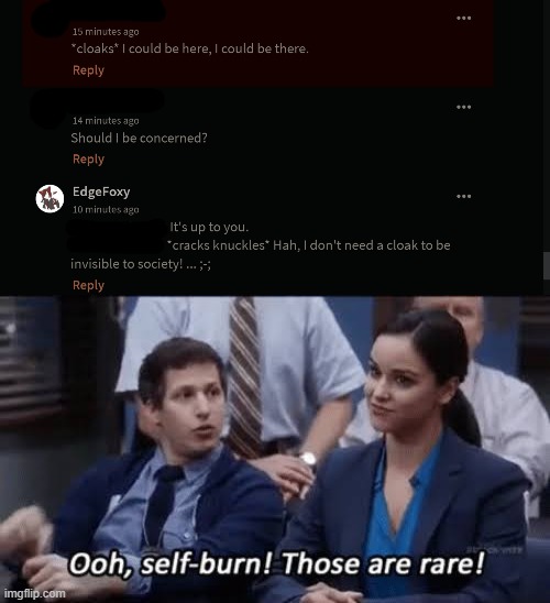 Accidentally roasted myself. | image tagged in ooh self-burn those are rare,roast,invisible | made w/ Imgflip meme maker