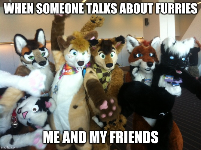 #not a furry |  WHEN SOMEONE TALKS ABOUT FURRIES; ME AND MY FRIENDS | image tagged in furries | made w/ Imgflip meme maker