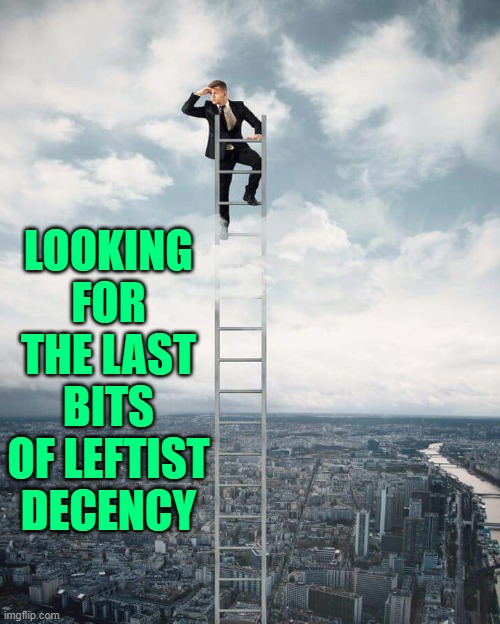 May as well be looking for a flock of dodo birds. | LOOKING FOR THE LAST BITS OF LEFTIST DECENCY | image tagged in ladder,election 2020,acb,trump | made w/ Imgflip meme maker