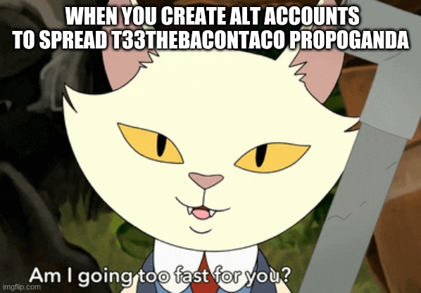 am I going too fast for you | WHEN YOU CREATE ALT ACCOUNTS TO SPREAD T33THEBACONTACO PROPOGANDA | image tagged in am i going too fast for you | made w/ Imgflip meme maker