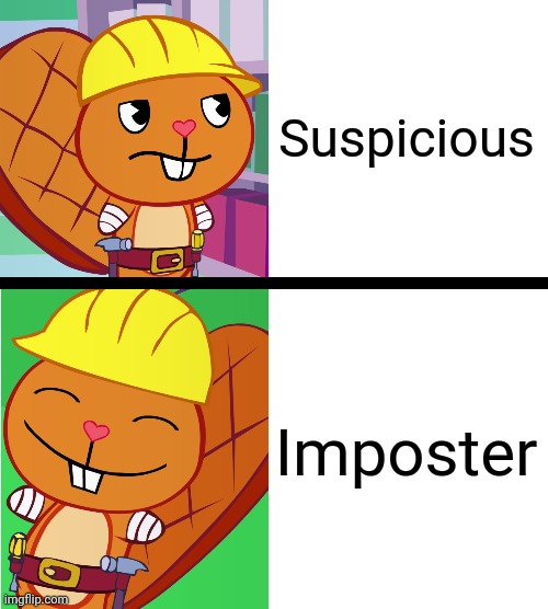 Handy Format (HTF Meme) | Suspicious; Imposter | image tagged in handy format htf meme,memes,drake hotline bling,crossover,among us,happy handy htf | made w/ Imgflip meme maker